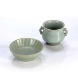Longquan celadon censer and brush washer Chinese, Southern Song period the censer with two mounted