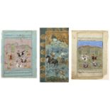 Gouache folio page Persian painted with a woodsman and courtiers on horseback, with text to the