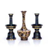 Pair of blue ground cloisonne candlesticks Chinese, 20th Century with drip trays, 22cm high and a