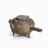 Side handled bronze vessel Chinese, Han dynasty of plain reeded form, with hinged lid and spout