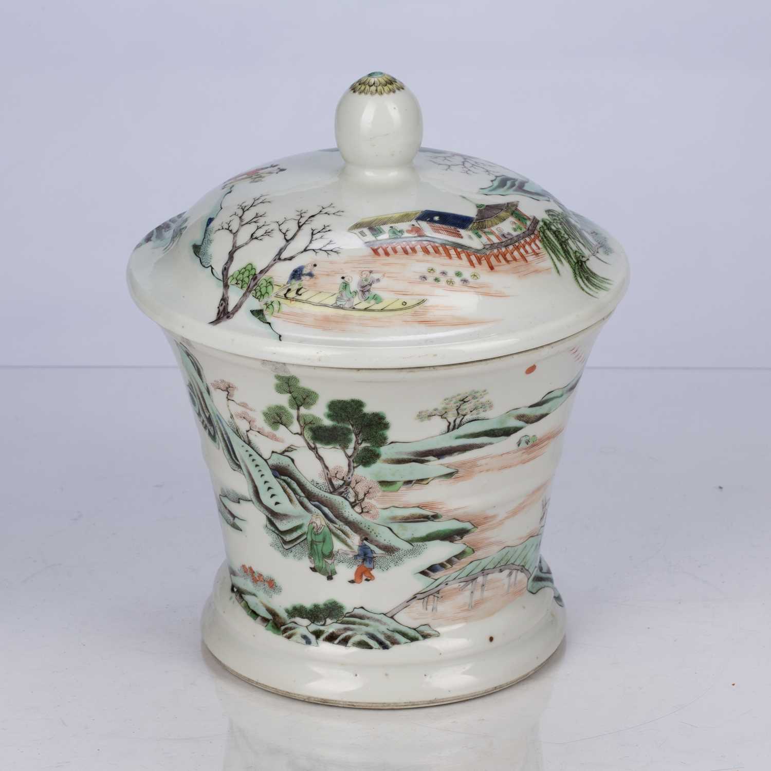 Famille verte lidded jar/brush pot Chinese, 19th Century decorated with figures in a mountainous - Image 4 of 9