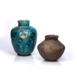 Turquoise glazed pottery vase Qajar, with bands of monochrome decoration, 28cm high and a black