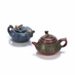 Two Yixing teapots Chinese one of lily pad form with frog and other insects, impressed seal mark,