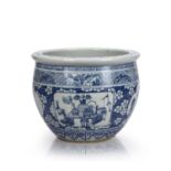 Blue and white jardiniere Chinese, 19th Century Canton, painted with panels of 'antiques' within a