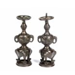 Pair of bronze miniature pricket candlesticks Japanese, Meiji period formed as a slender double