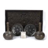 Pair of Bidri ware flasks and covers Indian 23cm high, a pair of white metal inlaid plates with