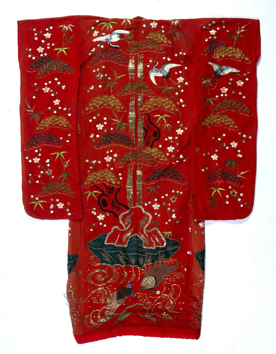 Red ground uchikake Japanese embroidered with stalks and pine trees.Condition report: Slight - Image 2 of 2