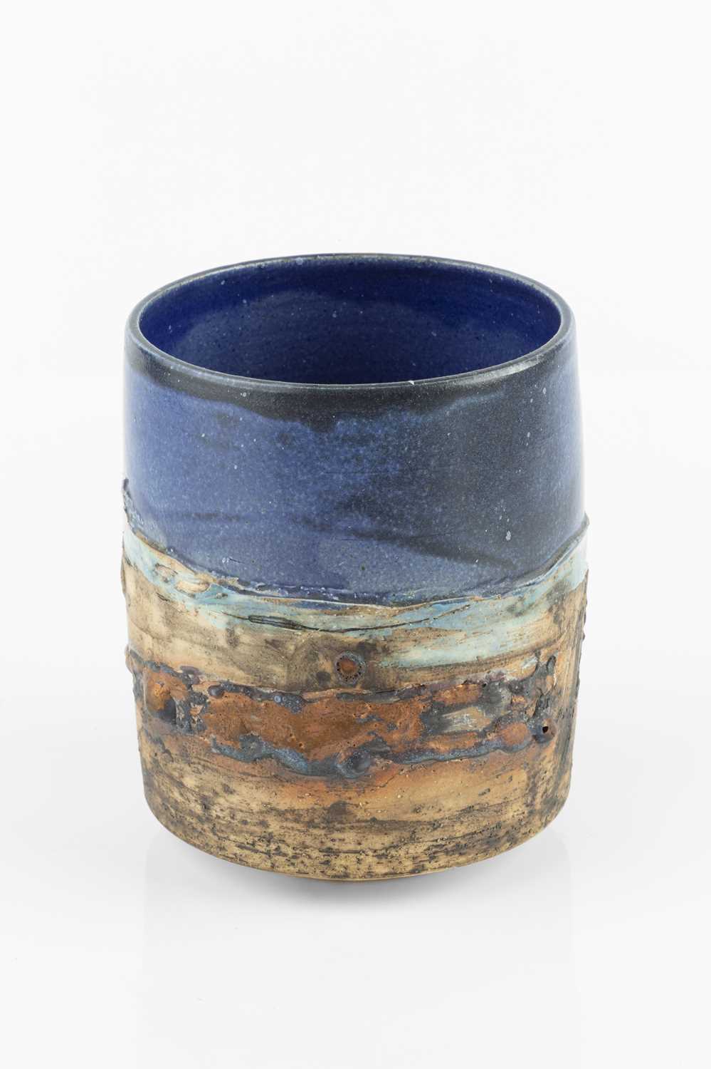 Robin Welch (1936-2019) Vessel stoneware, the blue glazed rim above bronze coloured slip impressed