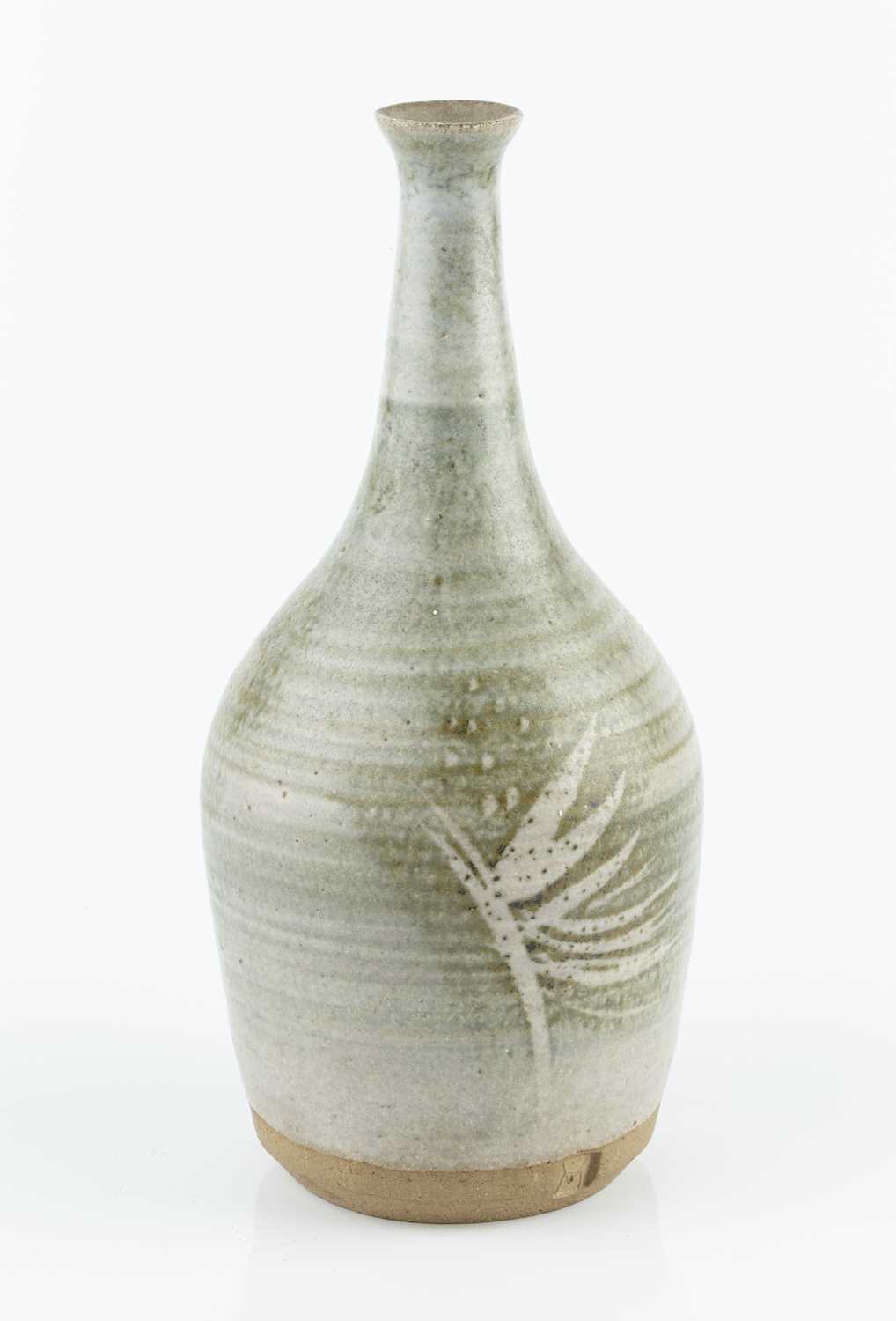 Michael Casson (1925-2003) Bottle vase pale blue glaze decorated with two leaf motifs impressed - Image 2 of 3