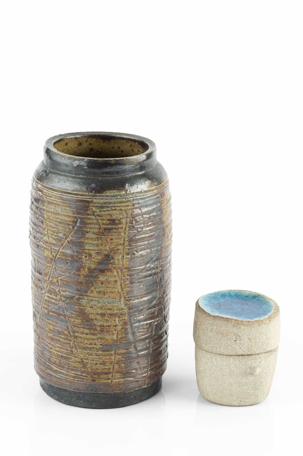 Denise Wren (1891-1979) at Oxshott Pottery Vase ribbed with vertical bands of dark glaze signed 19cm