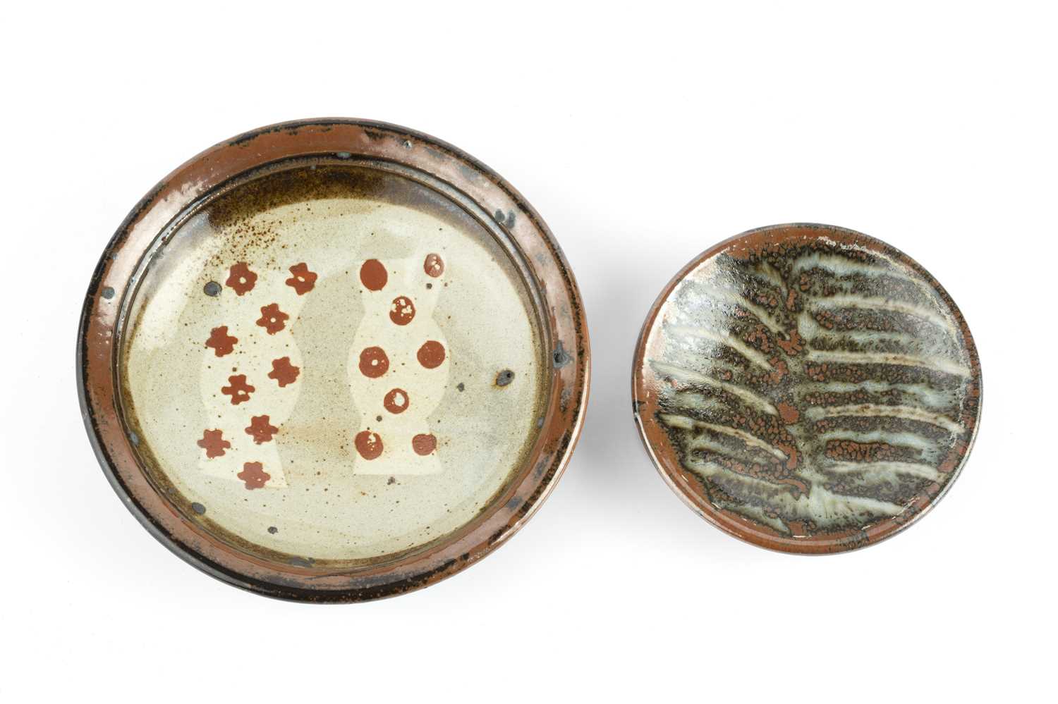 John Maltby (1936-2020) Small dish decorated with two shapes with red dots within a tenmoku border