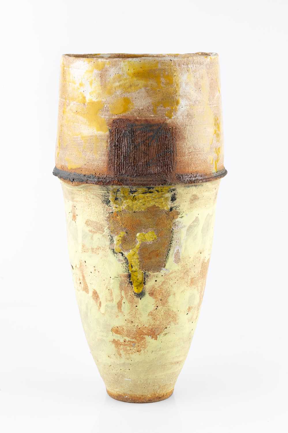 Robin Welch (1936-2019) Vessel stoneware, with textured yellow glaze and a vertical rectangle with