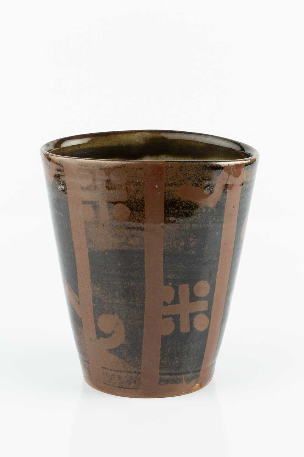 John Maltby (1936-2020) Vessel tenmoku, with iron vertical bands and crosses signed 16cm high. - Image 2 of 3