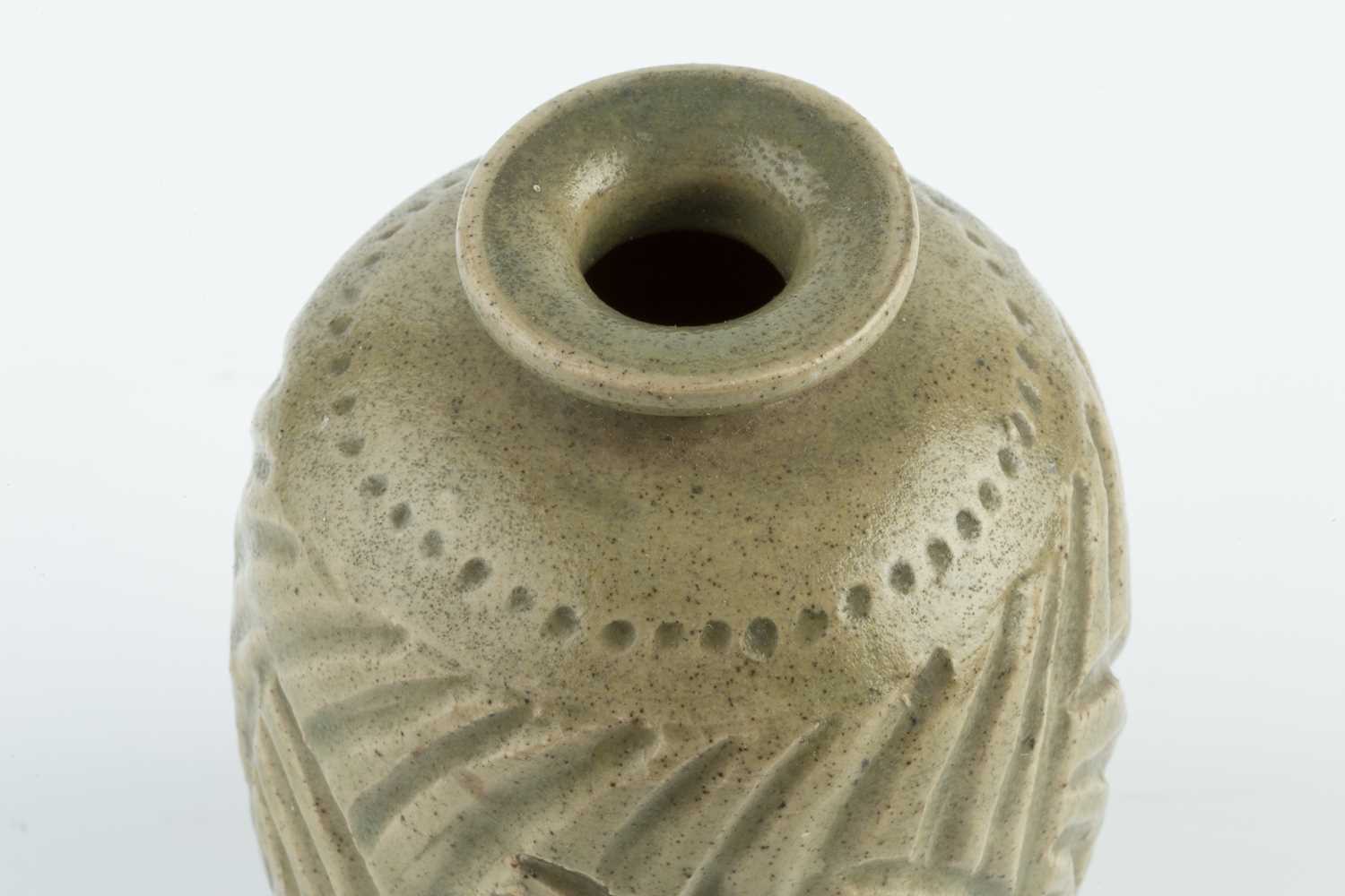 Katharine Pleydell-Bouverie (1895-1985) Vase green ash glaze with incised pattern impressed potter's - Image 2 of 3