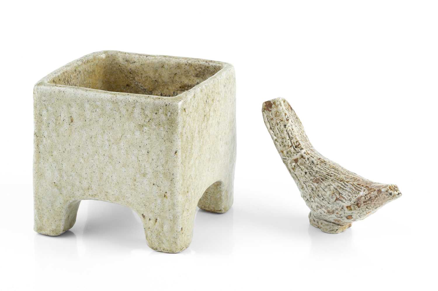 Sarah Walton (b.1945) Footed square pot stoneware with ash glaze impressed potter's seal 13cm