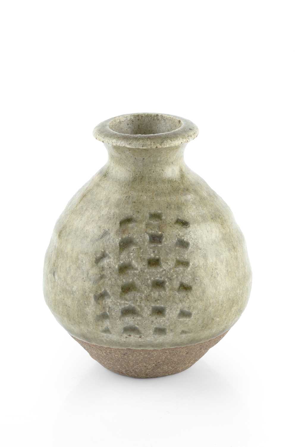 Richard Batterham (1936-2021) Miniature vase green ash glaze with indentations impressed potter's - Image 2 of 3