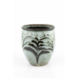 David Leach (1911-2005) Vase squeezed form, with a dolomite glaze and a wax-resist tree impressed