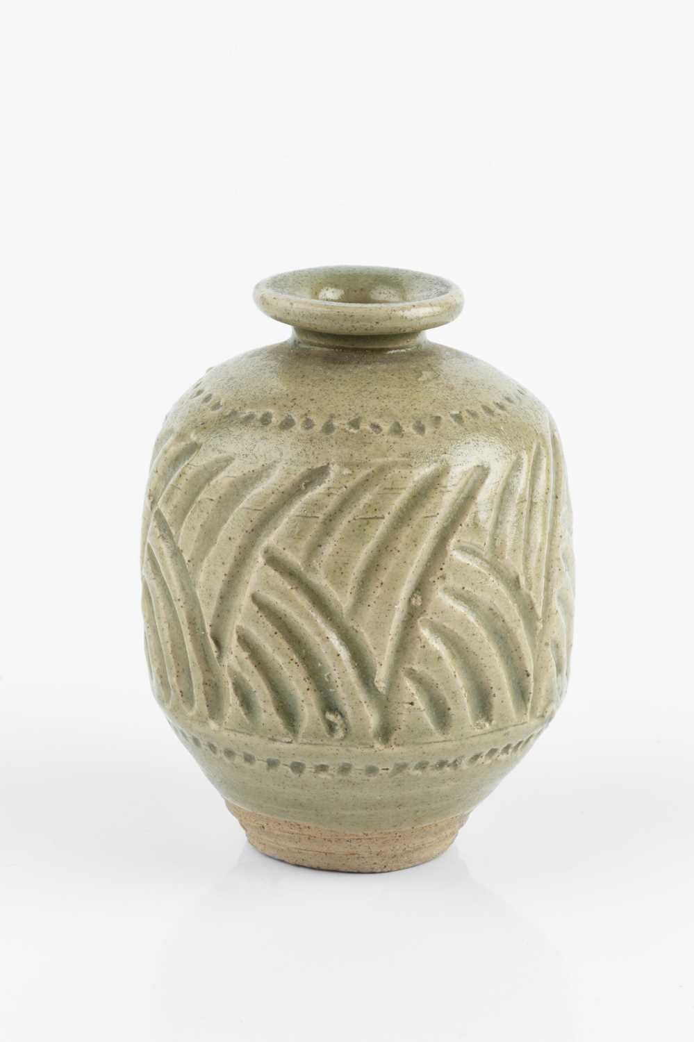 Katharine Pleydell-Bouverie (1895-1985) Vase green ash glaze with incised pattern impressed potter's