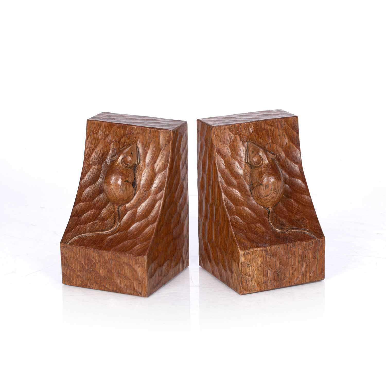 Robert Thompson of Kilburn (1876-1955) Pair of Mouseman bookends oak carved mouse signature 15cm - Image 2 of 4