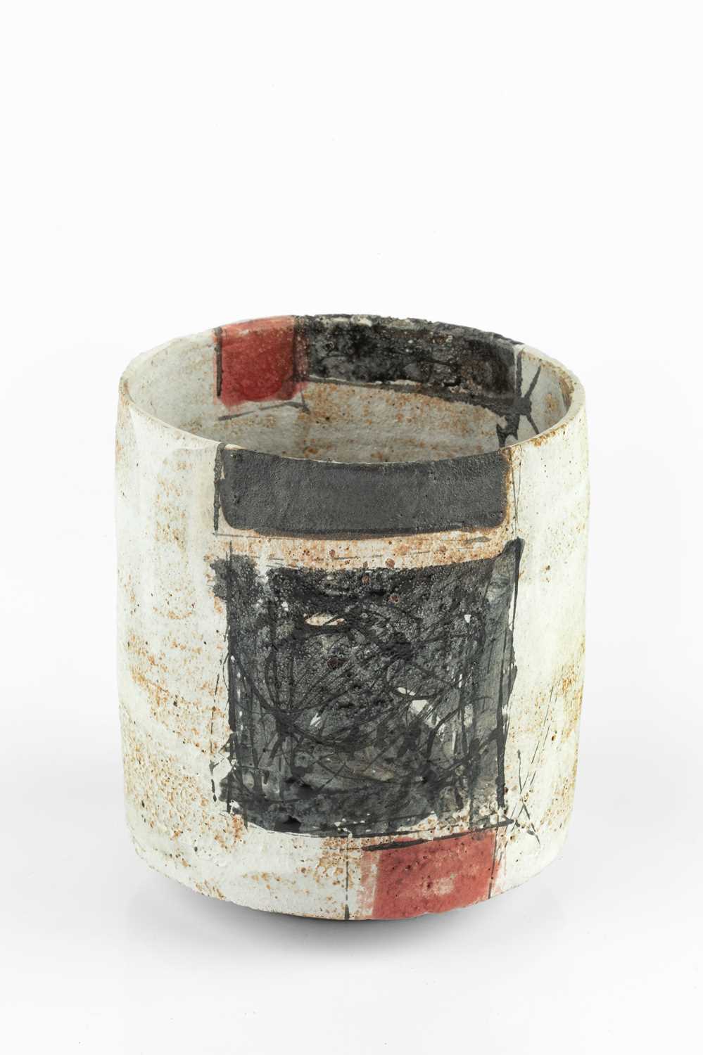 Robin Welch (1936-2019) Tea bowl stoneware, oatmeal glaze beneath squares of coloured slip impressed