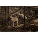 George Bissill (1896-1973) Miners Repairing Wooden Supports signed (lower right) pen, ink, and