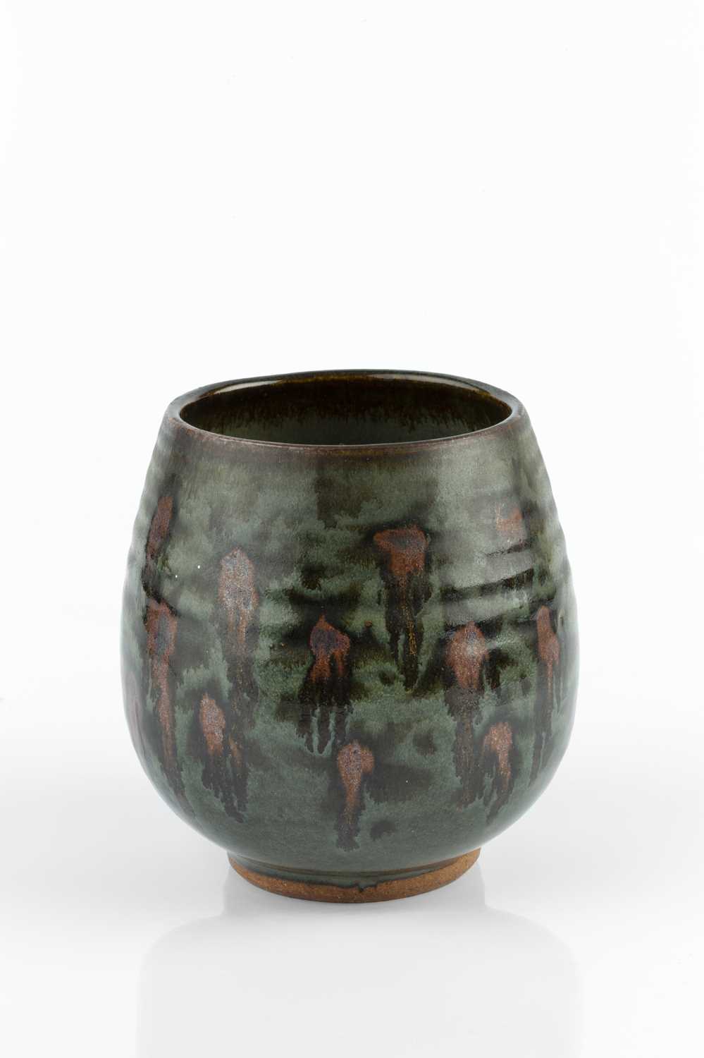 Helen Pincombe (1908-2004) Vase green glaze with iron red drips impressed potter's seal 15cm high.