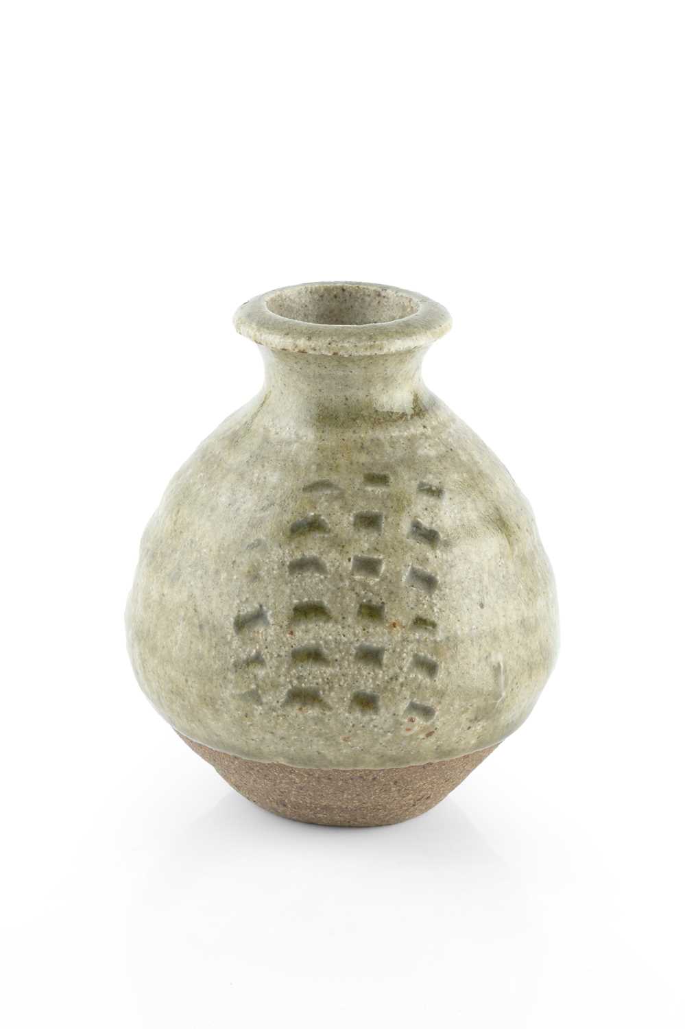 Richard Batterham (1936-2021) Miniature vase green ash glaze with indentations impressed potter's