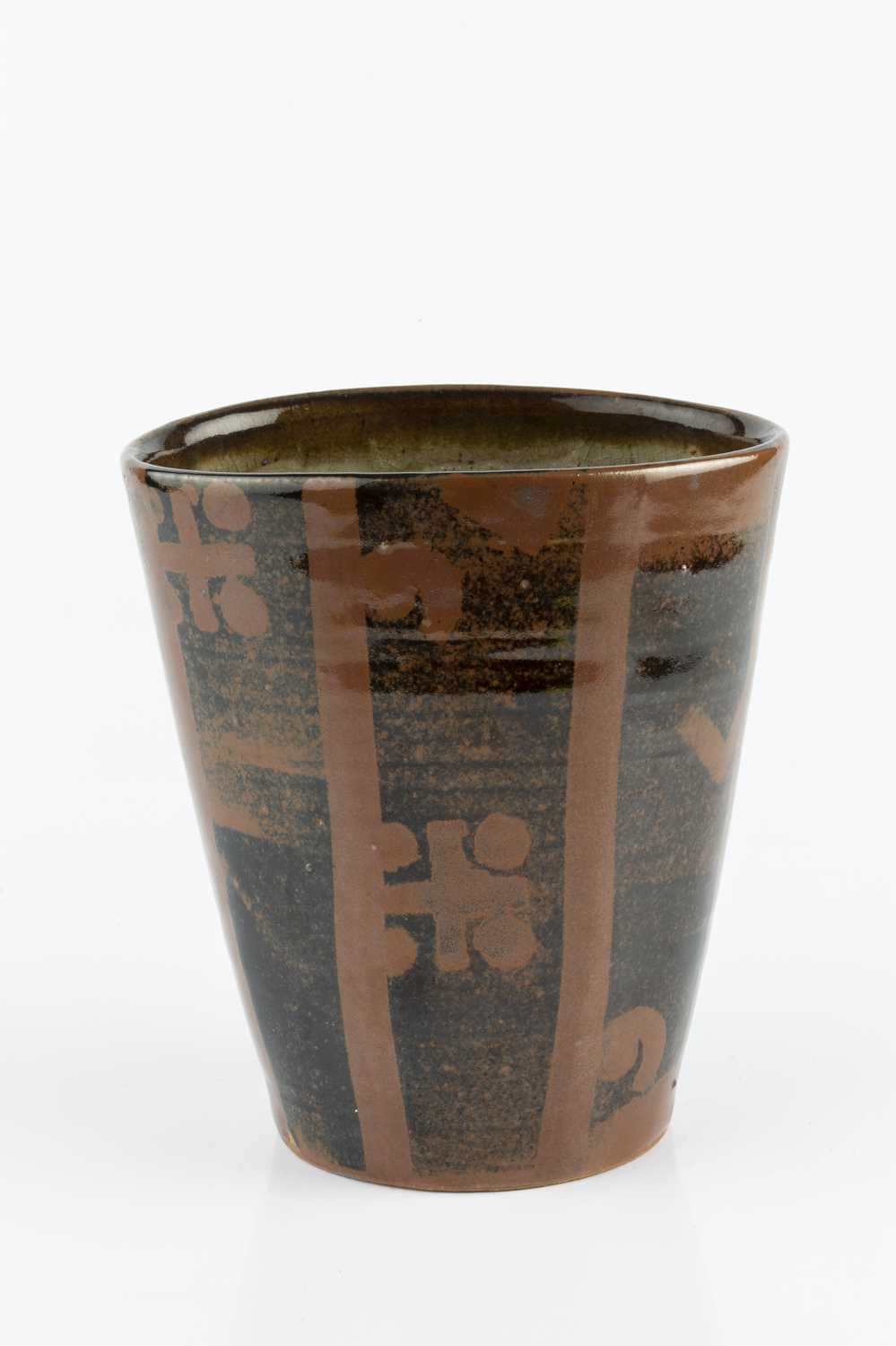 John Maltby (1936-2020) Vessel tenmoku, with iron vertical bands and crosses signed 16cm high.