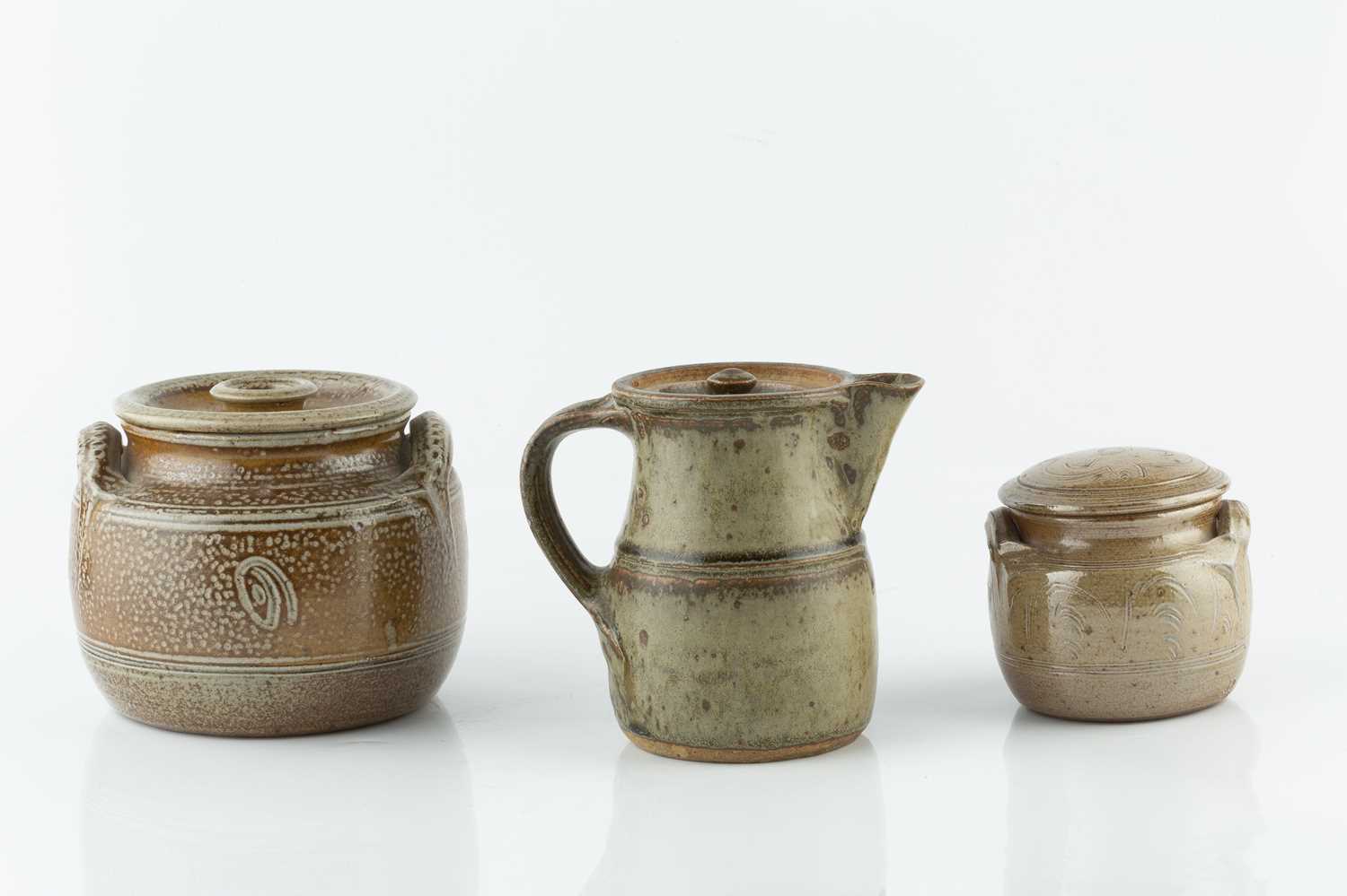 Ray Finch (1914-2012) Two storage jars and cover salt glazed impressed potter's seals 13cm high; and - Image 2 of 2
