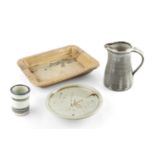 A group of studio ceramics To include a Leach pottery jug and beaker; a Crowan pottery bowl; a