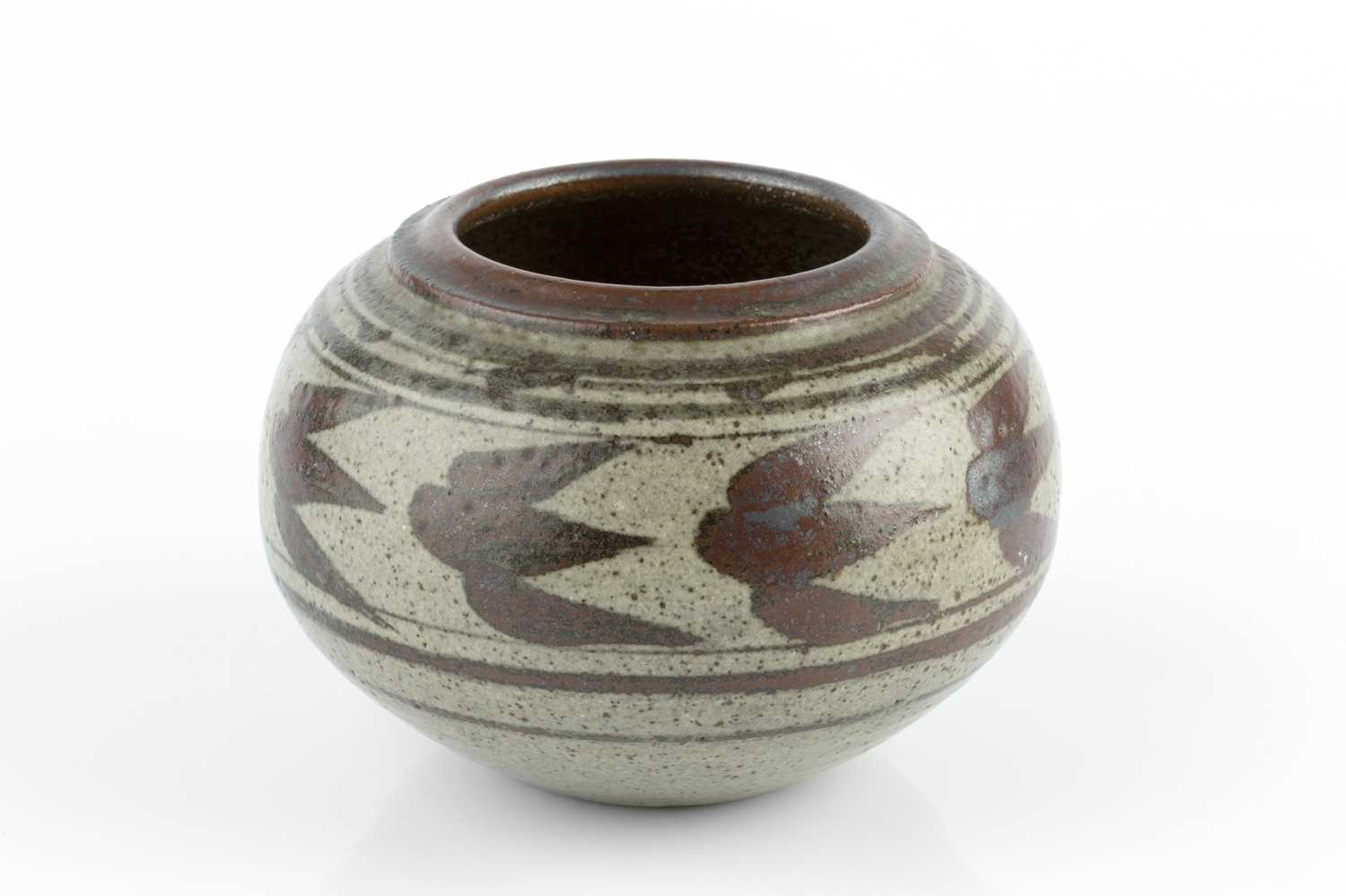 Helen Pincombe (1908-2004) Globular pot decorated with a band of birds over an oatmeal glaze