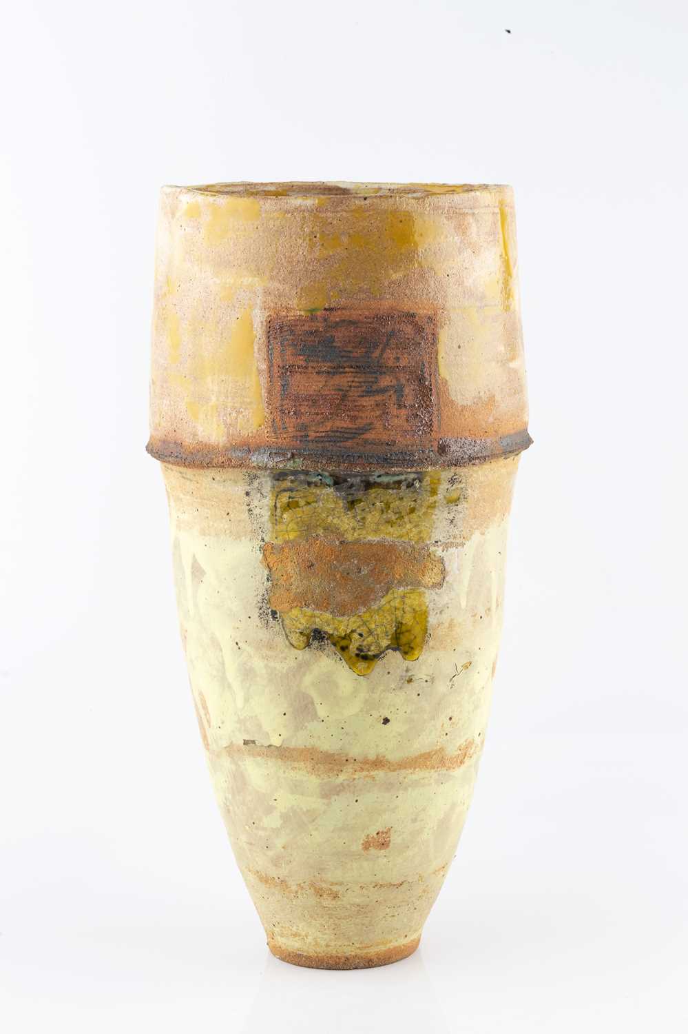 Robin Welch (1936-2019) Vessel stoneware, with textured yellow glaze and a vertical rectangle with - Image 2 of 3