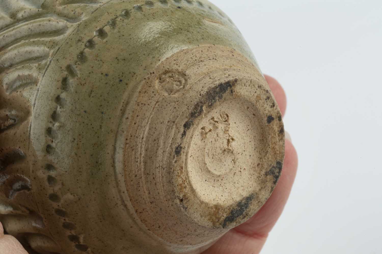 Katharine Pleydell-Bouverie (1895-1985) Vase green ash glaze with incised pattern impressed potter's - Image 3 of 3