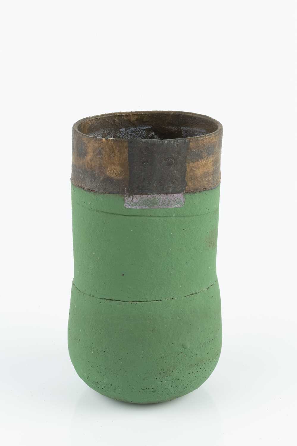 Robin Welch (1936-2019) Vessel stoneware, squeezed form with a green glaze beneath manganese band - Image 2 of 3