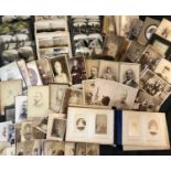 A collection of 19th Century photographs, stereoscopic cards, two viewers, drawing instruments,