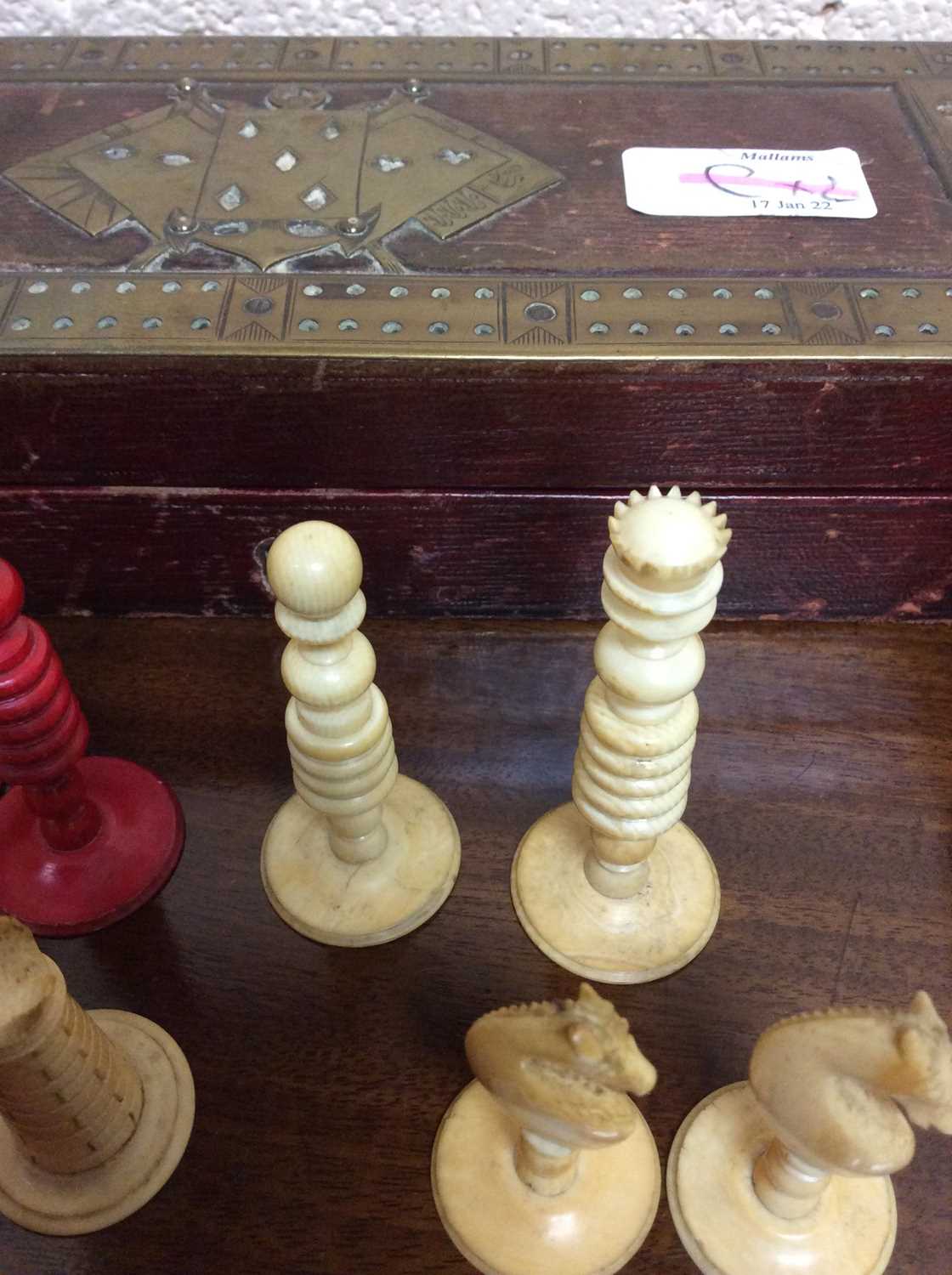 A 19th century turned and stained ivory chess set, a turned ebony and boxwood chess set, a - Image 12 of 17