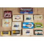 A collection of Corgi boxed model buses including three pairs of AEC Regal Bedford OB coach; the