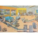 A collection of educational mid 20th century German posters showing industrial processes, a set of