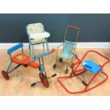 A group of Triang children's toys; comprising a tricycle, the seat 29cm high, a rocking toy, the