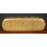 A Dutch 18th century brass snuff box, the hinge lid and base hand engraved with Dutch biblical style