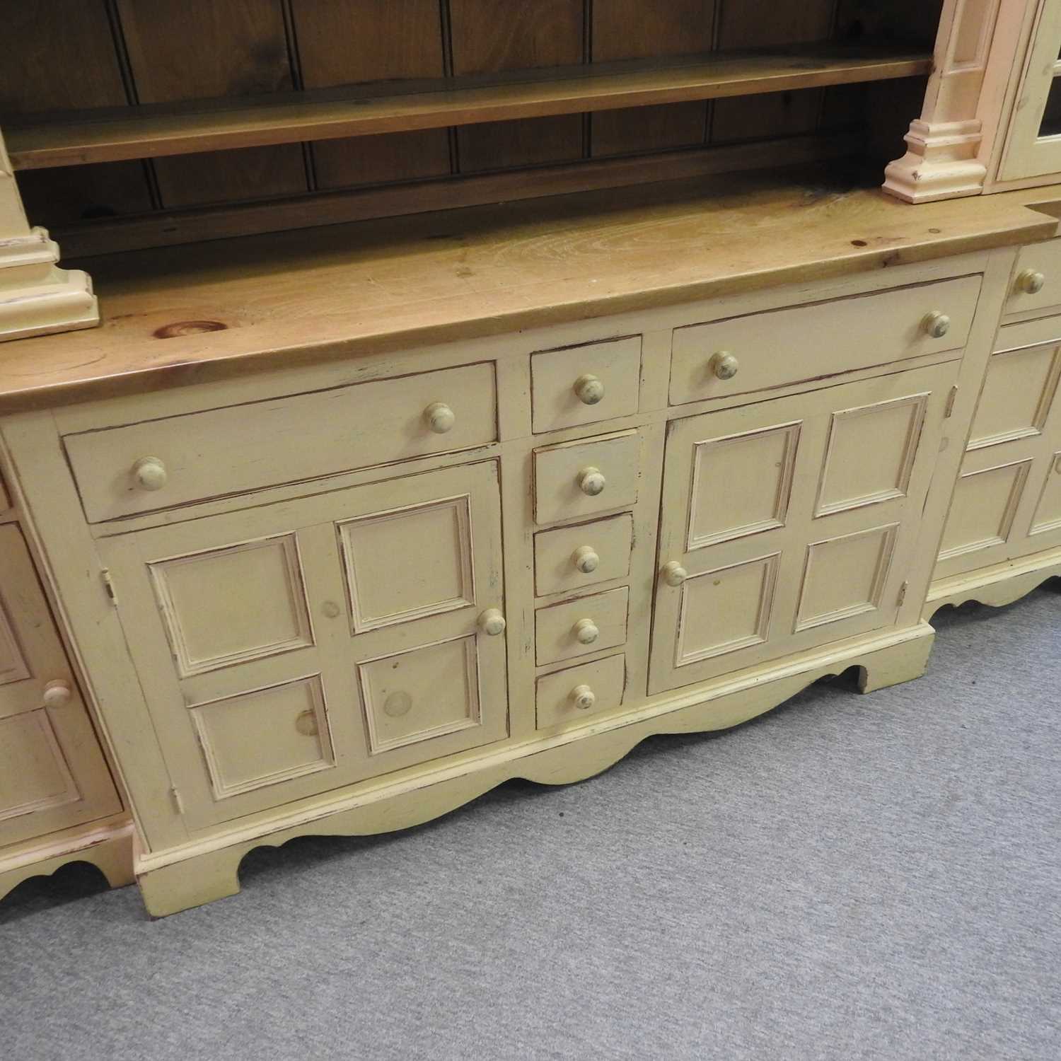 A large 20th century cream painted and pine breakfront dresser, - Image 2 of 6