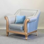 A gilt framed and pale blue upholstered armchair