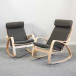 A pair of Ikea bentwood rocking chairs, with grey cushions