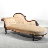 A Victorian mahogany cream upholstered scroll end chaise longue,