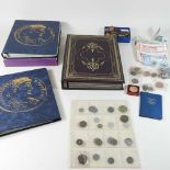 A collection of coins and banknotes,