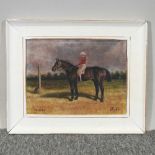 J Pryde, 'Mostyn', a chestnut hunter with jockey up,