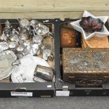 Two boxes of silver plate and wooden items,