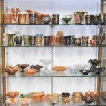 Four shelves of carnival and coloured glass,