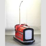 A novelty red painted chair in the form of a fairground dodgem,