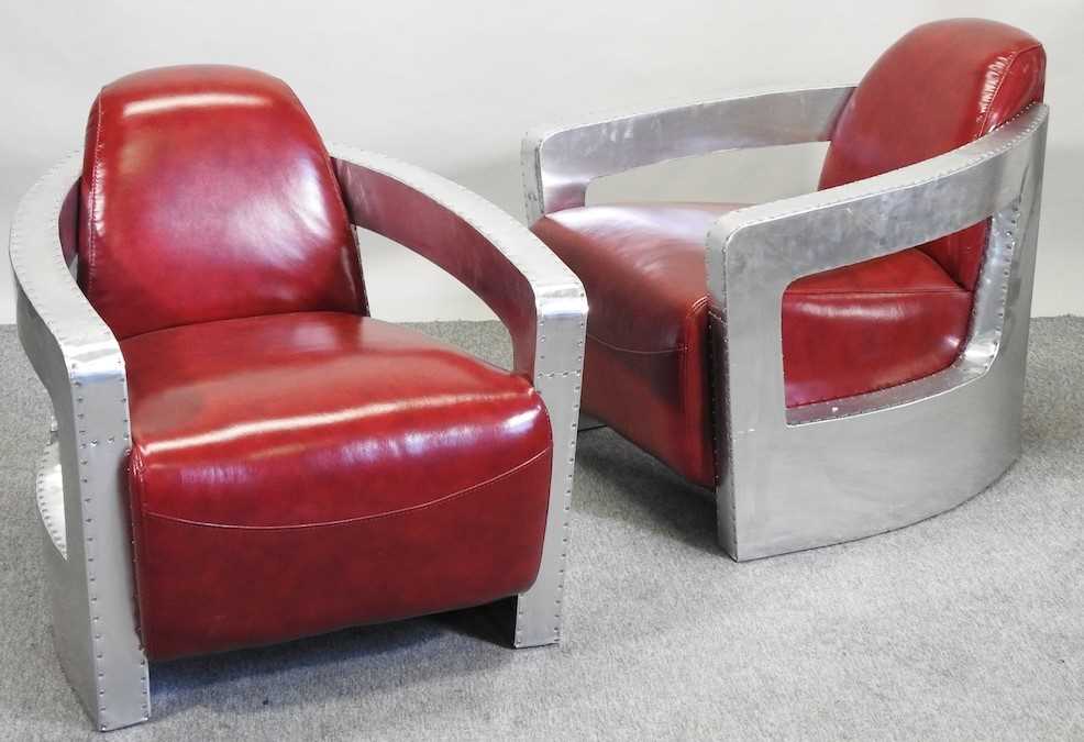 A pair of Art Deco style red upholstered aviator style armchairs, - Image 3 of 6